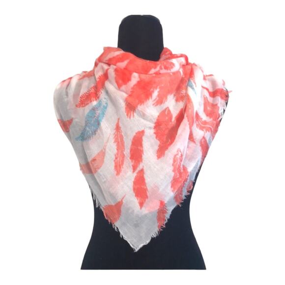 Coral and White Floral print Square Scarf - Picture 3 of 6